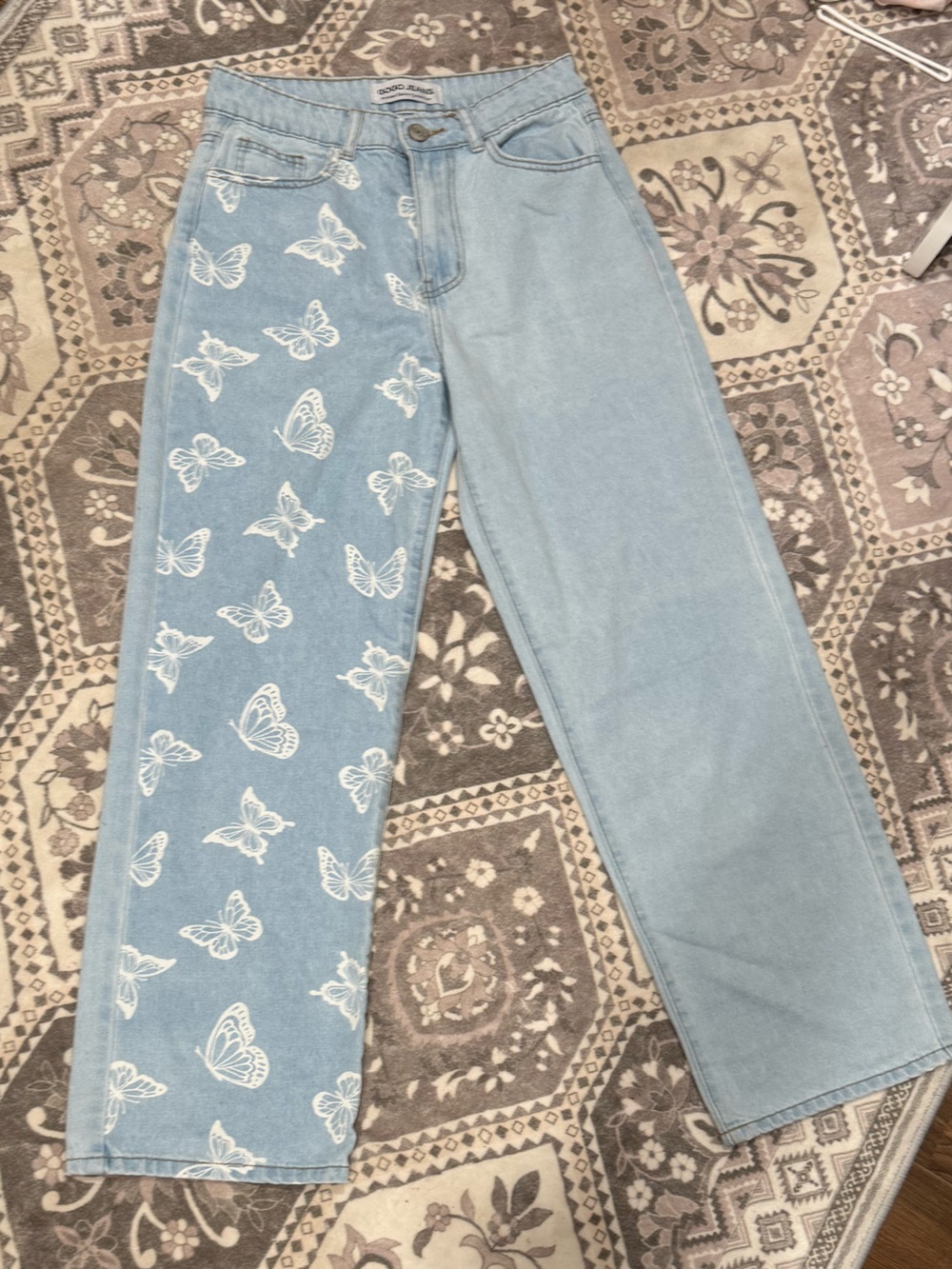 GOGO Light Blue Straight Leg Jeans with White Butterfly Print